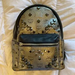 MCM Small Backpack in Silver Metallic w/ Studs MCM Metallic Silver Monogram Visetos Studded Small Stark  main image 4